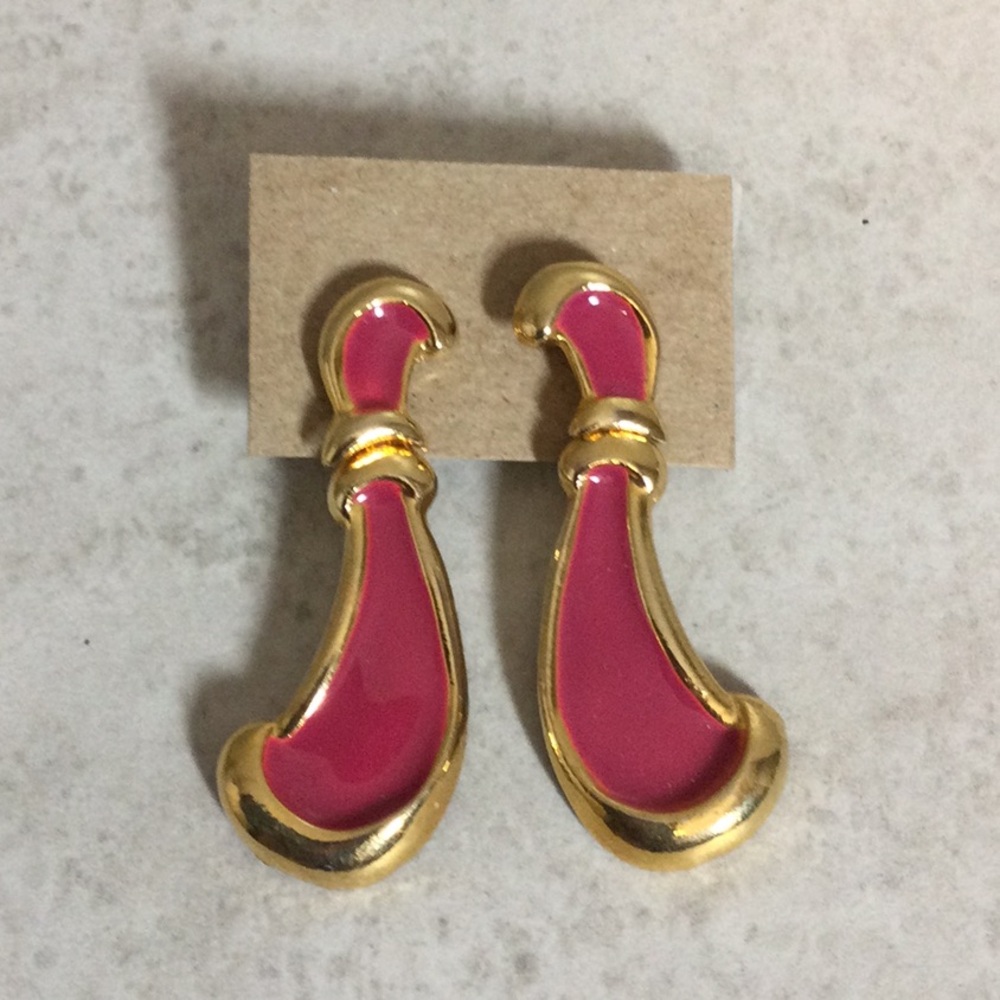 Gold with hot pink enamel drop earrings